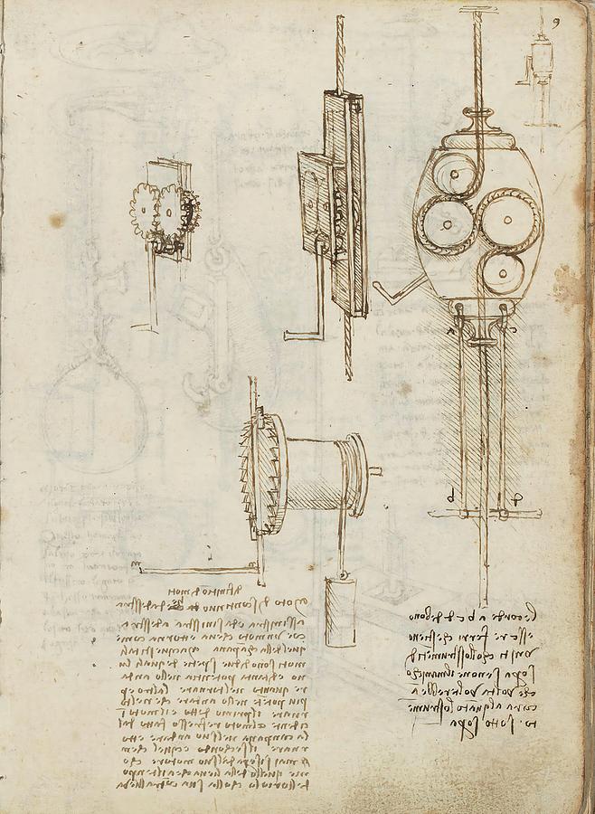 Folio f 9r. Codex Madrid I -Ms. 8937- Treaty of statics and mechanics, 192 folios with 384 page... Drawing by Album