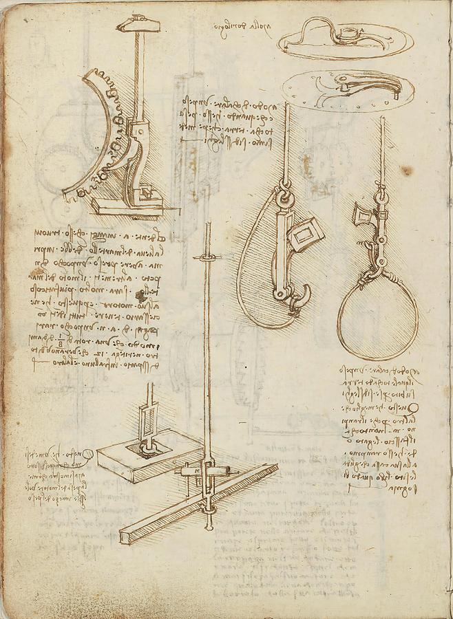 Folio f 9v. Codex Madrid I -Ms. 8937- Treaty of statics and mechanics, 192 folios with 384 page... Drawing by Album