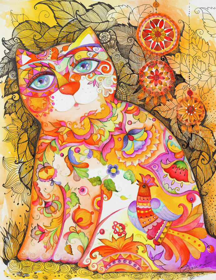 Folk Cat Painting By Oxana Zaika Pixels