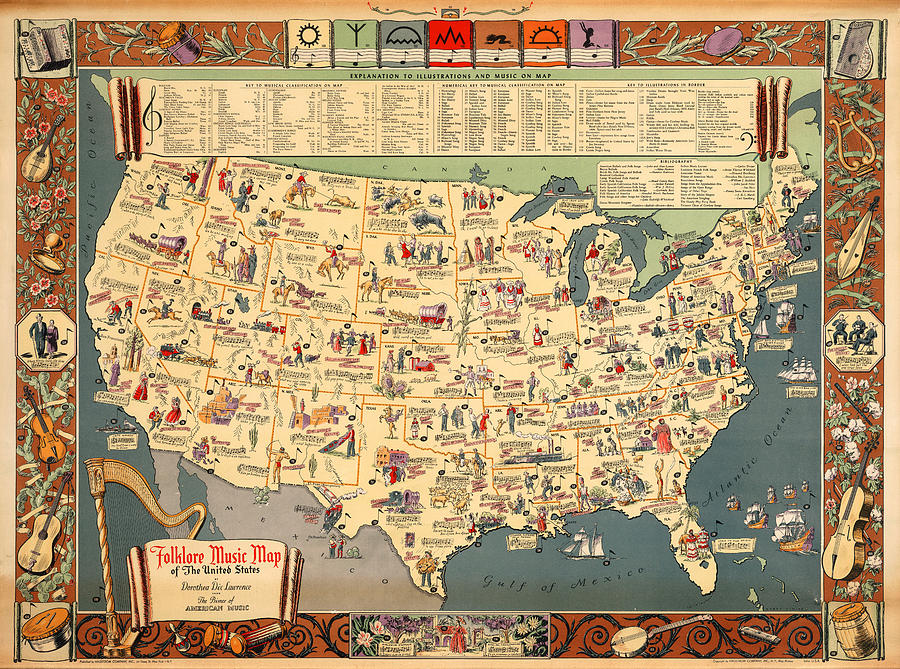 Folklore Music Map of the United States - Pictorial, Vintage, Old Map ...