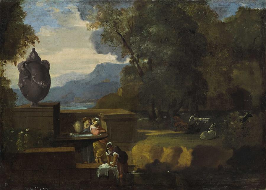 Follower Of Sebastien Bourdon Washerwomen In A Stream With Classical Architecture And Ruins Painting