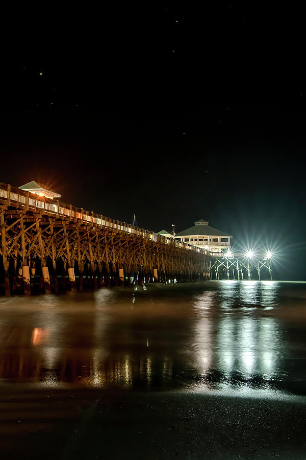 Beach Photograph - Folly Beach Pier at night by Gunter Weber