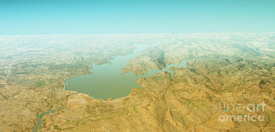 Map Digital Art - Folsom Lake 3D Render Topographic Map Horizon by Frank Ramspott