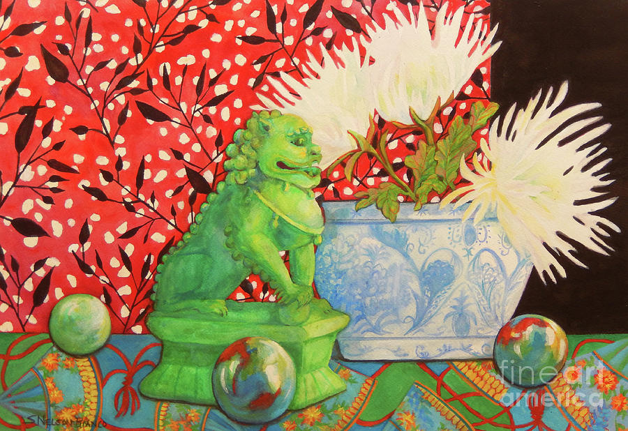 Bird Painting - Foo Dog With Mums by Sharon Nelson-Bianco