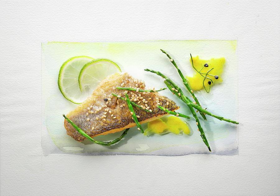 Food Art: Bass With Lime, Thai Asparagus, Sesame Seeds And Mango Sauce On A Page Of Watercolour Photograph by Manfred Rave
