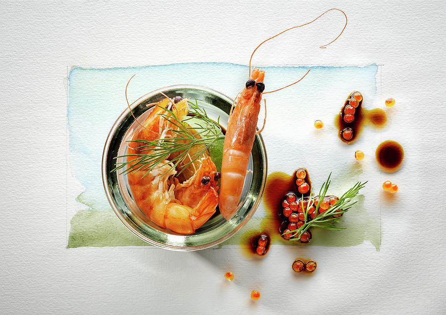 Food Art: Prawns With Caviar, Soy Sauce And Dill On A Page Of Watercolour Photograph by Manfred Rave