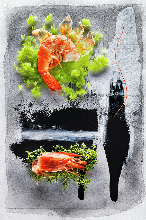 Food Art: Punk Shrimp On Wasabi Caviar And Cress Photograph by Manfred Rave