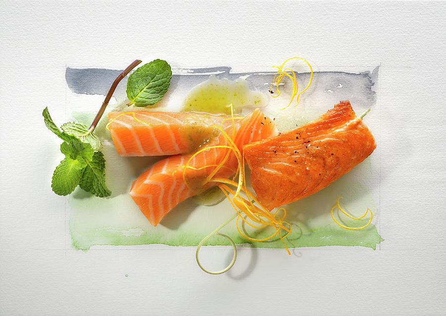 Food Art: Salmon fried And Raw With Orange Zest And Mint On A Page Of Watercolour Photograph by Manfred Rave
