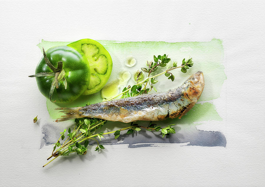 Food Art: Sardines With Green Tomatoes, Thyme And Olive Oil On A Page Of Watercolour Photograph by Manfred Rave