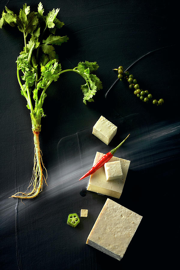 Food Art: Tofu With Coriander, Chilli And Pepper On A Black Surface Photograph by Manfred Rave