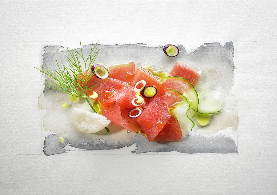 Food Art: Tune With Red Onions, Courgette, Dill, Olive Oil And Prawn Crackers On A Page Of Watercolour Photograph by Manfred Rave