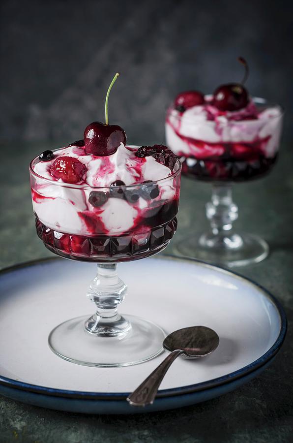 Fool With Berries And Cherries In Dessert Glasses Photograph by Nick Sida