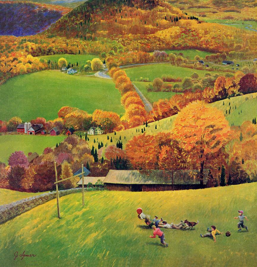 Football In The Country Drawing by John Clymer