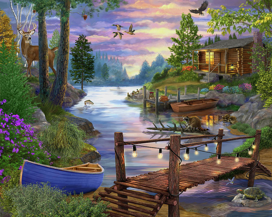 Landscape Painting - Footbridge By The Lake by Bigelow Illustrations