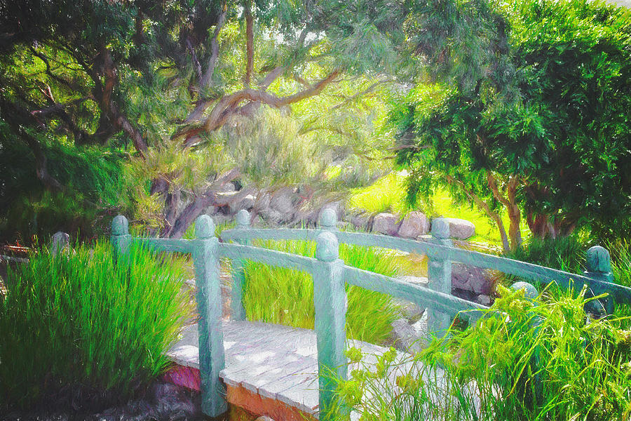 Footbridge in the Garden Digital Art by Alison Frank