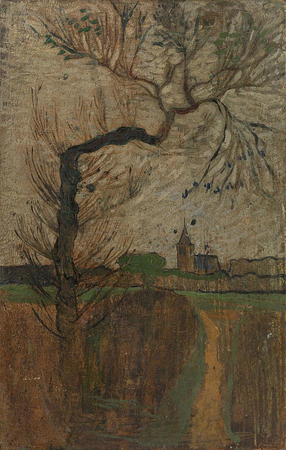 Foothpad with Willow and a Village on the Horizon. Painting by Richard Nicolaus Roland Holst -1868-1938- Foothpad with Willow and a Village on the Horizon. Painting by Richard Nicolaus Roland Holst -1868-1938-