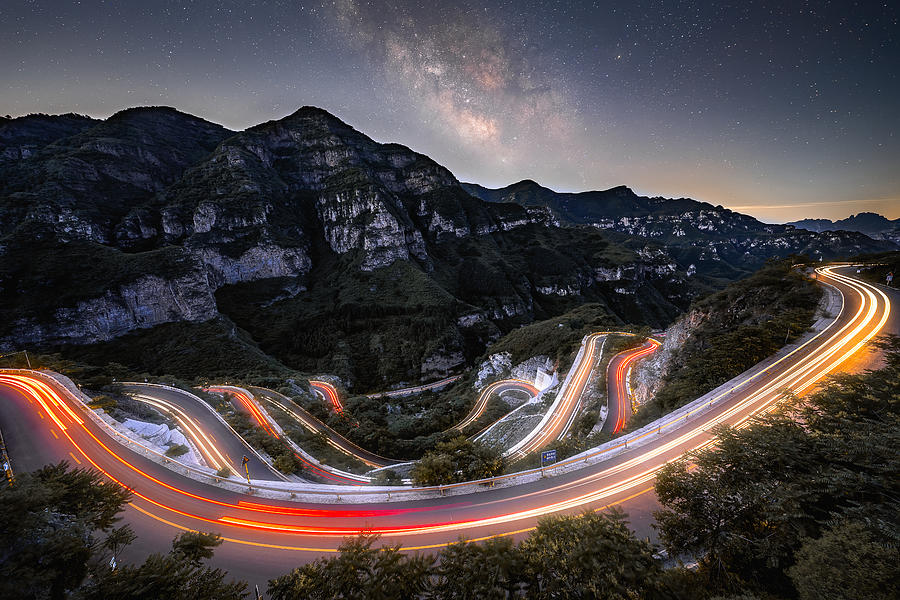 Footwall Mountain Road Under The Starry Sky Photograph by Yuan Cui