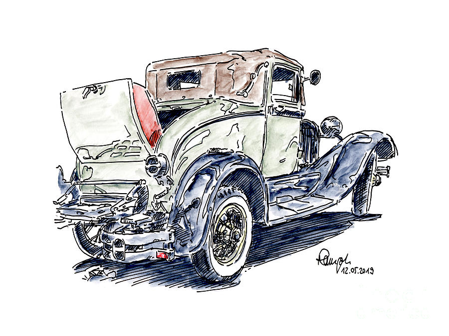 Car Drawing - Ford Model A 1931 Classic Car Ink Drawing and Watercolor by Frank Ramspott