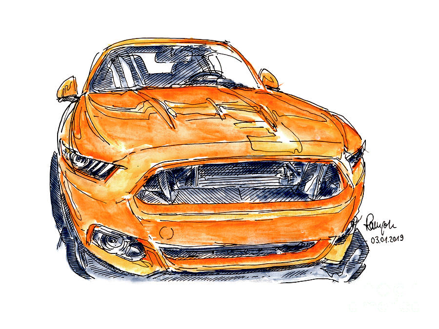 Ford Mustang GT Compressor Sports Car Ink Drawing and Watercolor