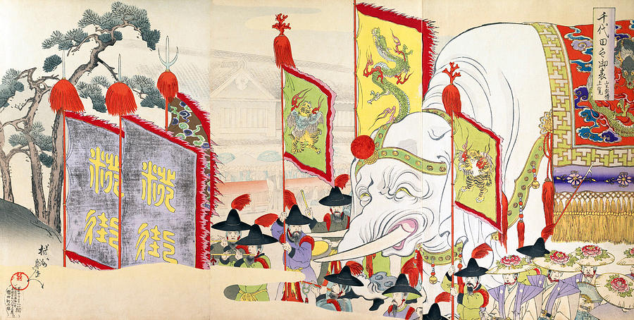 Foreigners introduce the Japanese emperor to an exotic elephant. Painting by Toyohara Chikanobu