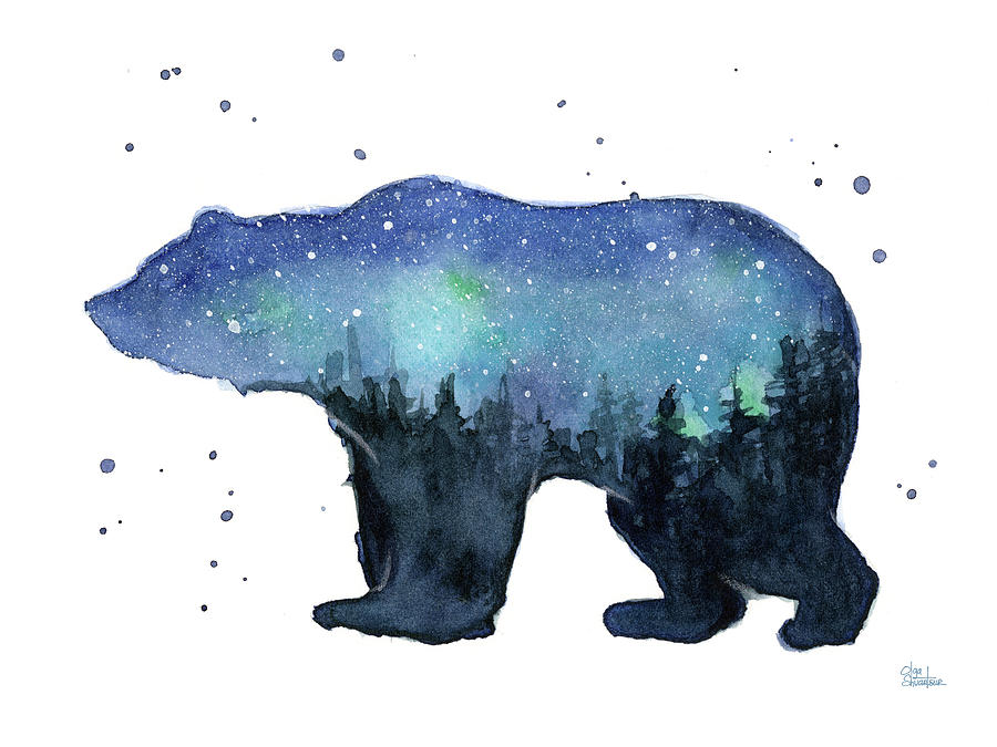 Forest Bear Watercolor Galaxy Painting by Olga Shvartsur
