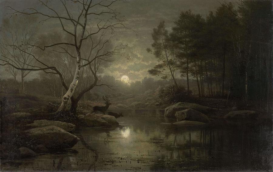 Forest Landscape in the Moonlight. Painting by Georg Eduard Otto Saal -1818-1870-