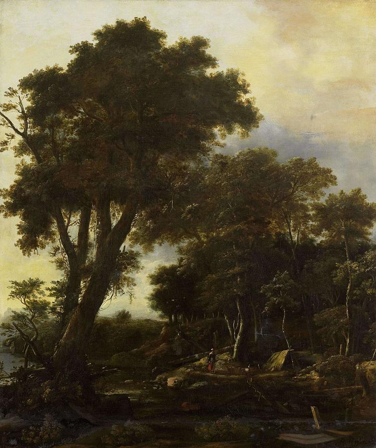 Forest landscape with lean-to. Painting by Roelant Roghman