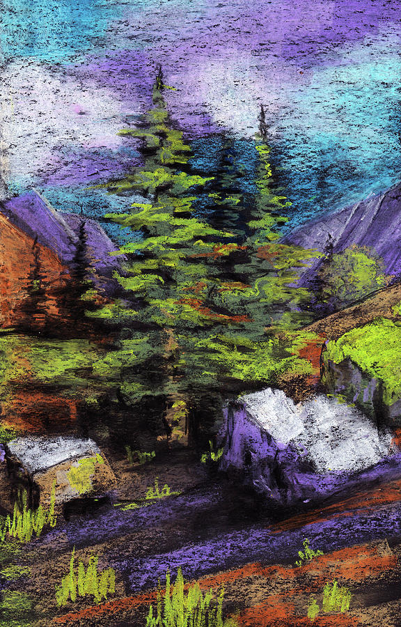 Forest road on the background of mountains, trees and stones. Oil pastel  drawing Pastel by Elena Sysoeva - Pixels