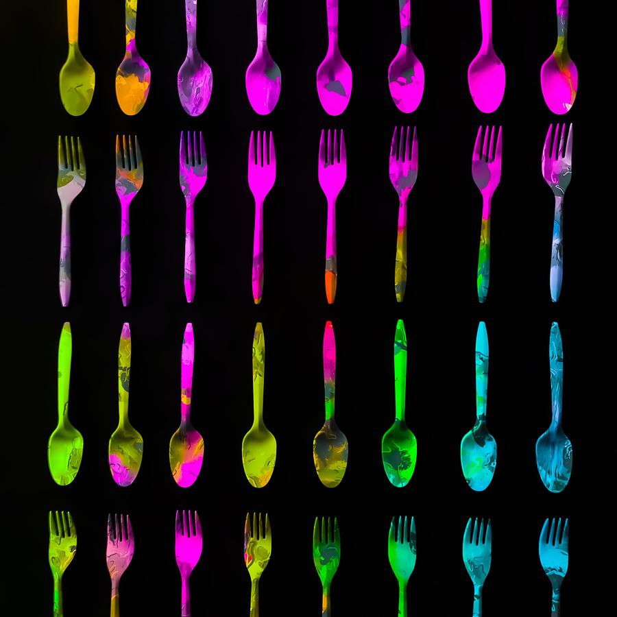 Fork And Spoon Pattern In Pink Blue Yellow With Black Background ...