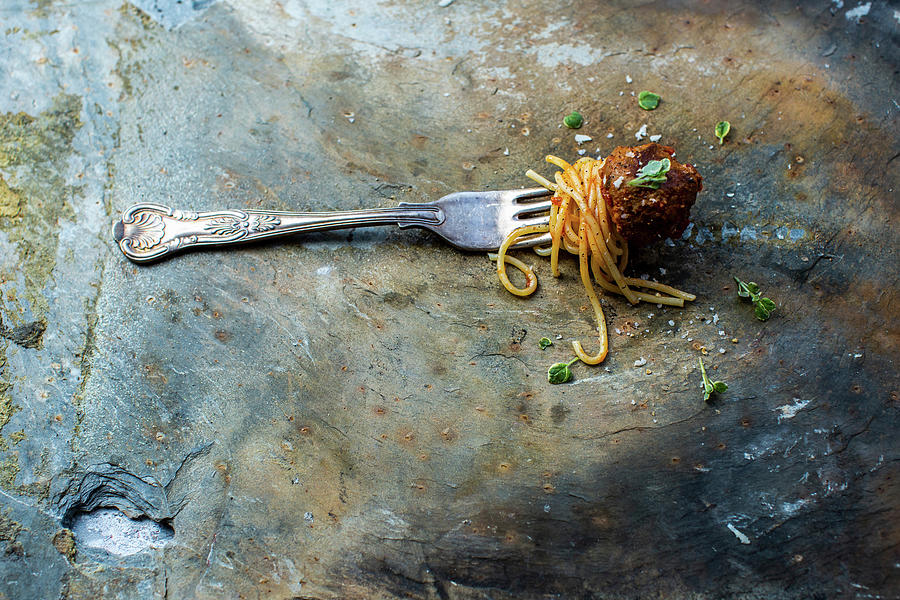 Fork With Spaghetti And Meatball Photograph by Lara Jane Thorpe