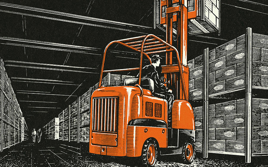 Vintage Drawing - Forklift in a Warehouse by CSA Images