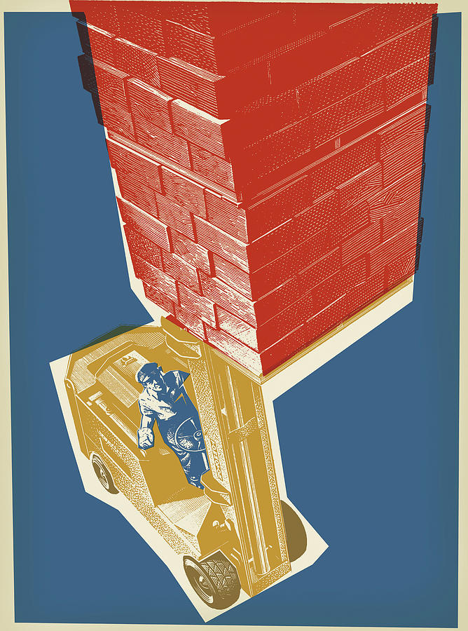 Vintage Drawing - Forklift Raising a Load of Bricks by CSA Images