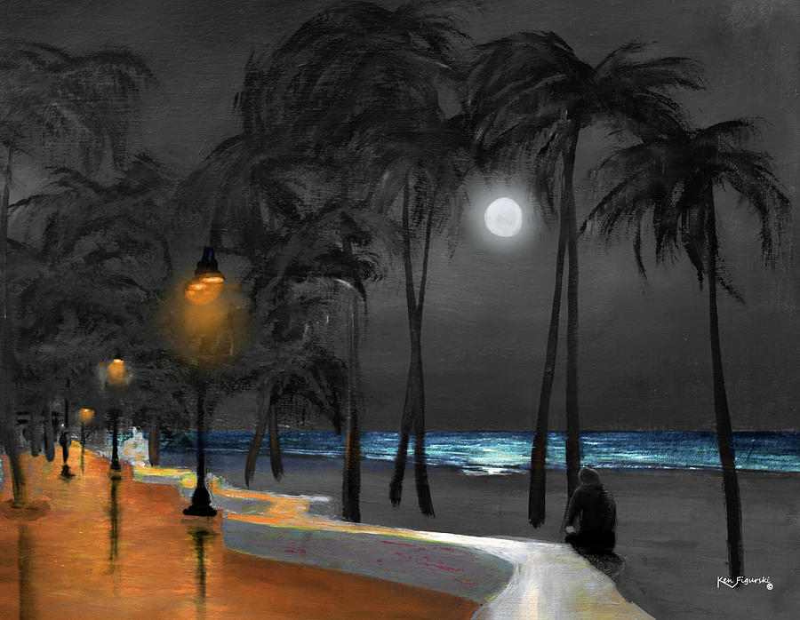 Fort Lauderdale Beach Night Moon Painting Mixed Media by Ken Figurski