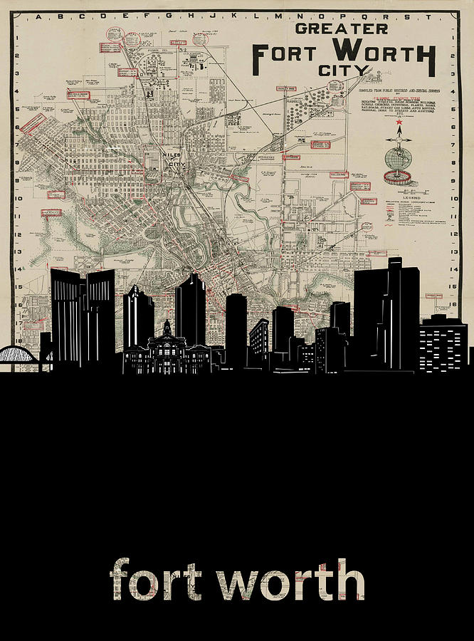 Fort Worth Digital Art - Fort Worth Skyline Map by Bekim M