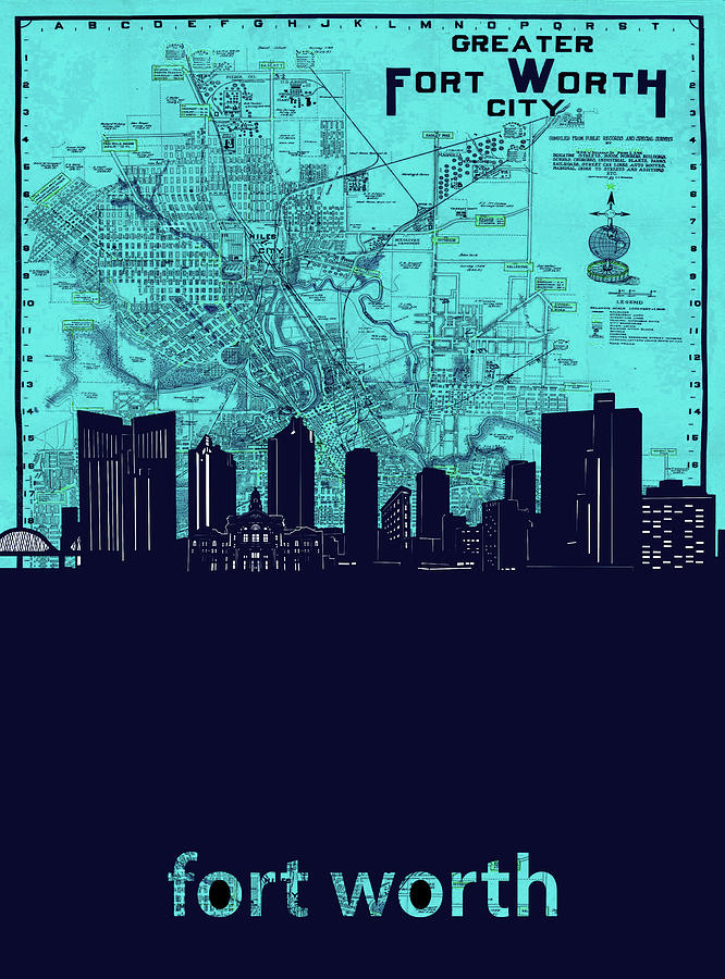 Fort Worth Skyline Map Blue 2 Photograph