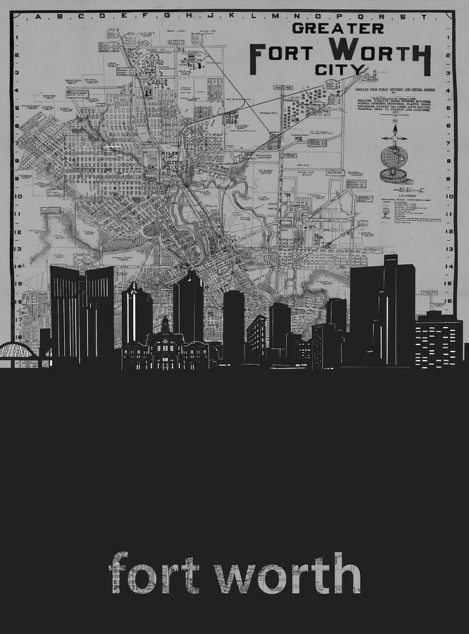 Fort Worth Skyline Map Grey Digital Art