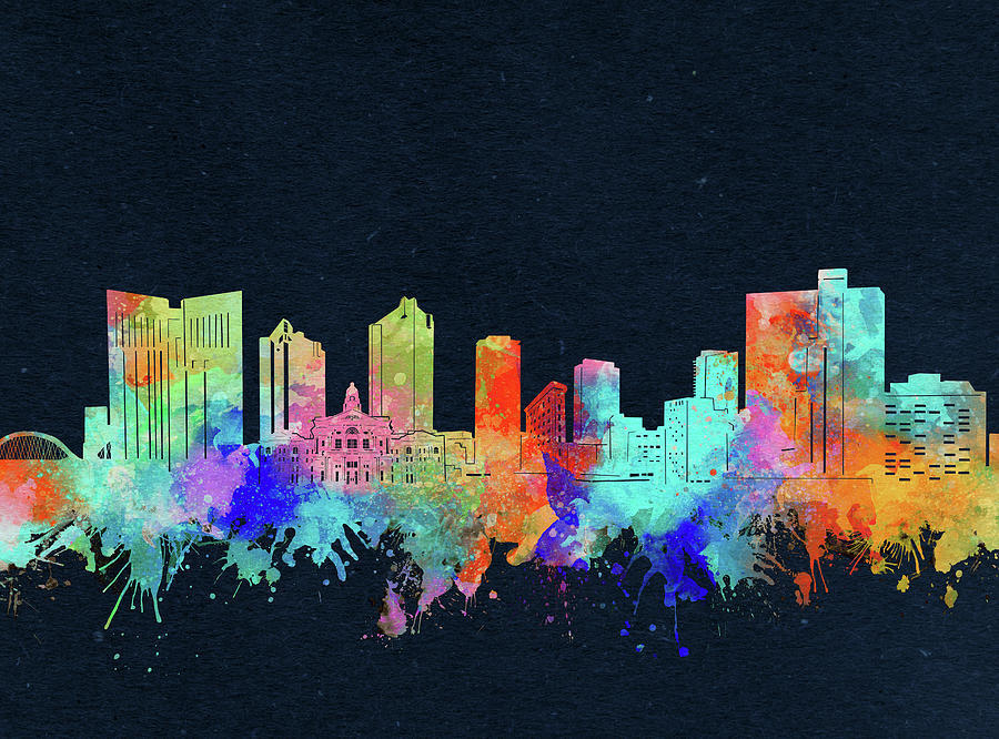 Fort Worth Skyline Watercolor Black Digital Art