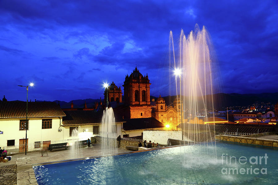 Fountain and Cathedral Tower at Twilight Cusco Peru Photograph by James Brunker