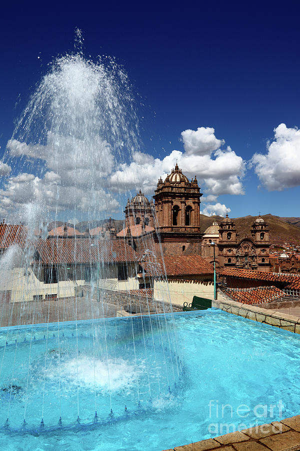 Fountain and Cathedral Tower Cusco Peru Photograph by James Brunker