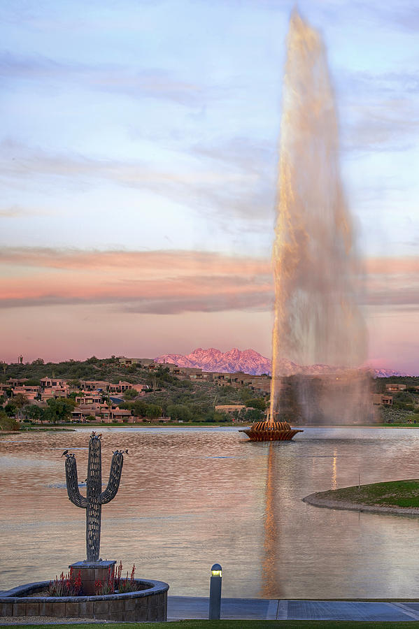 Fountain Hills Arizona with Snow Capped Four Peaks vertical Photograph by Dave Dilli