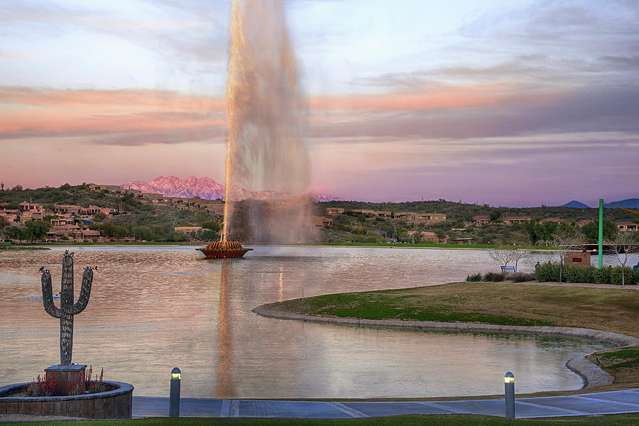 Fountain Hills Arizona with snowy Four Peaks Horizontal Photograph by Dave Dilli