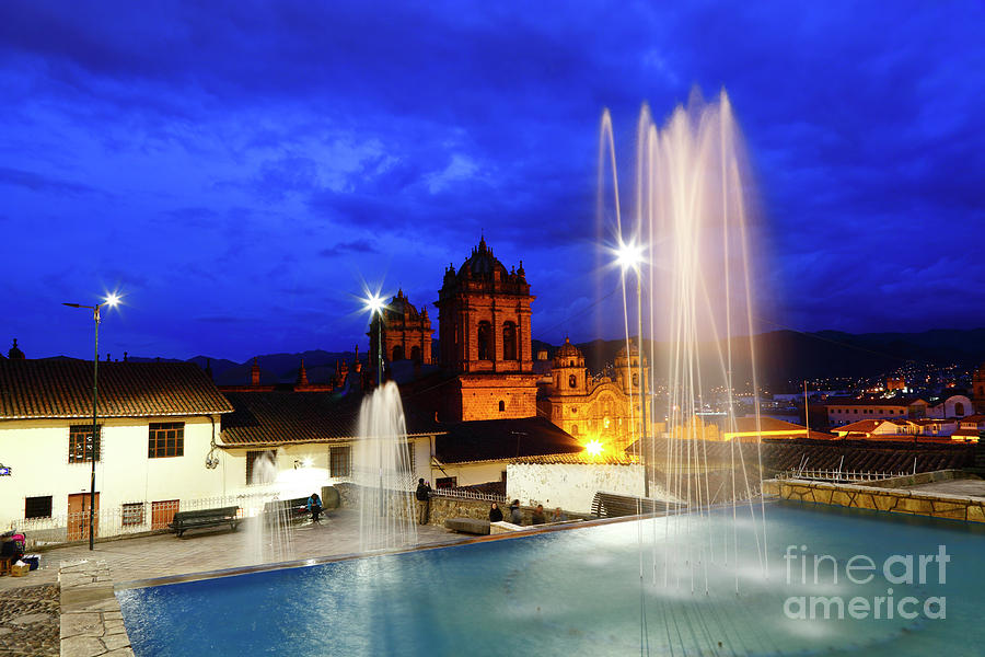 Fountains and Church Towers at Twilight Cusco Peru Photograph by James Brunker