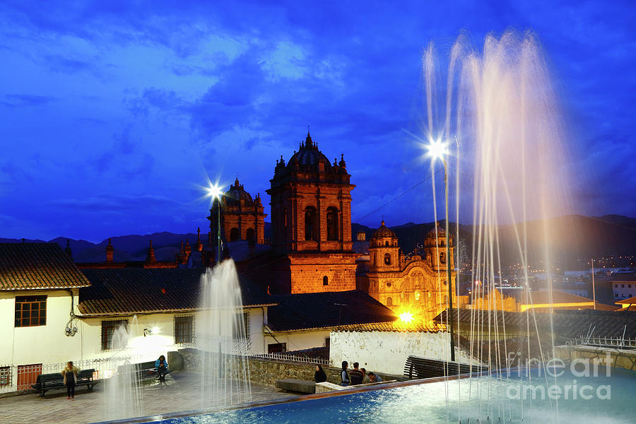 Fountains and Towers at Twilight Cusco Peru Photograph by James Brunker