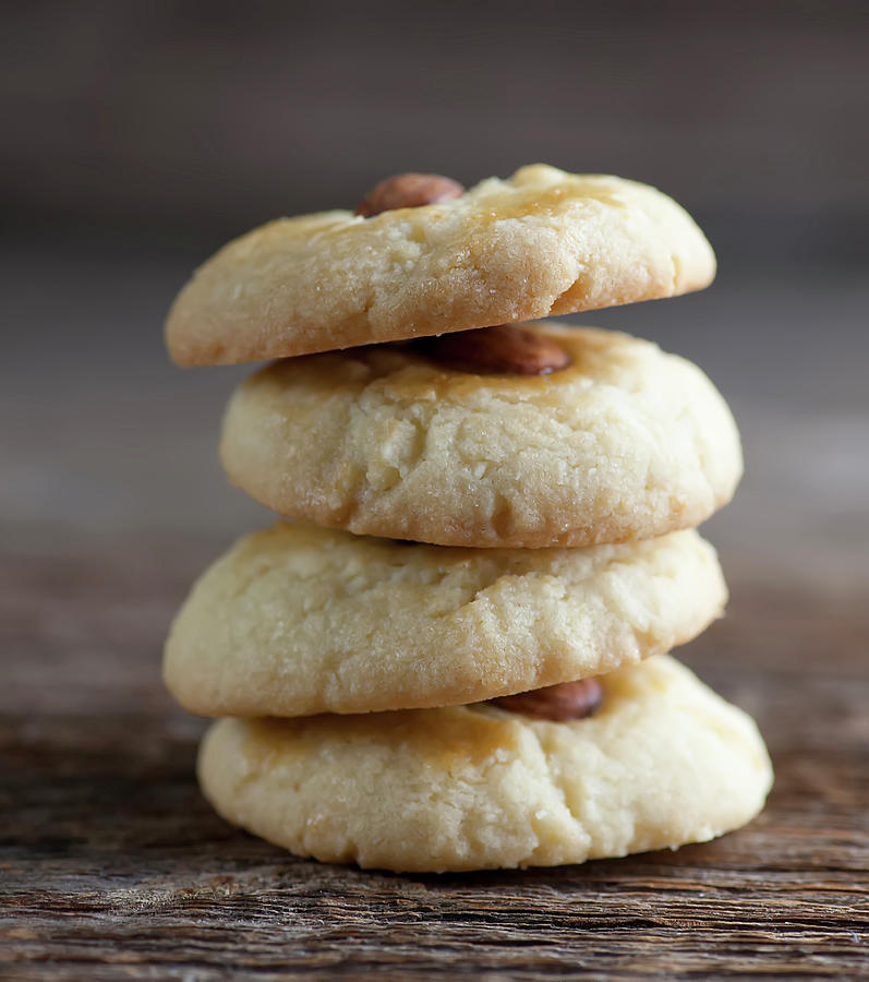 Four Almond Cookies, Stacked close Up Photograph by Framed Cooks Photography