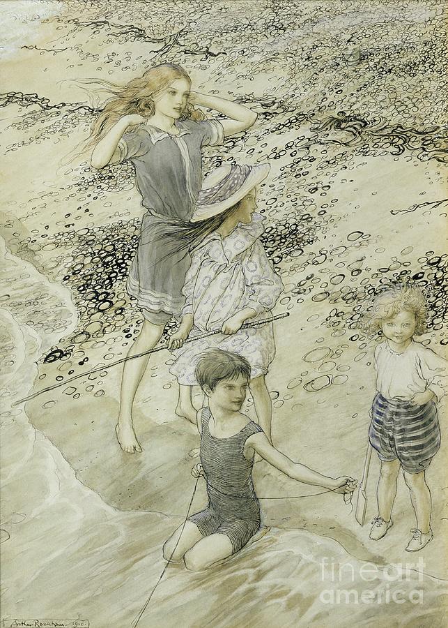 Four Children At The Seashore, 1910 Painting by Arthur Rackham