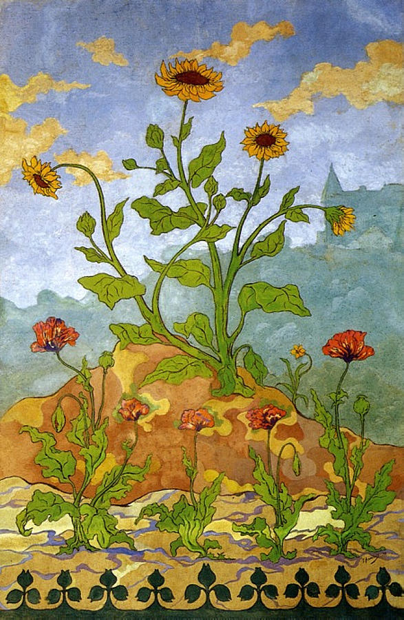 Four Decorative Panels - Sunflowers And Poppies, 1899 Painting