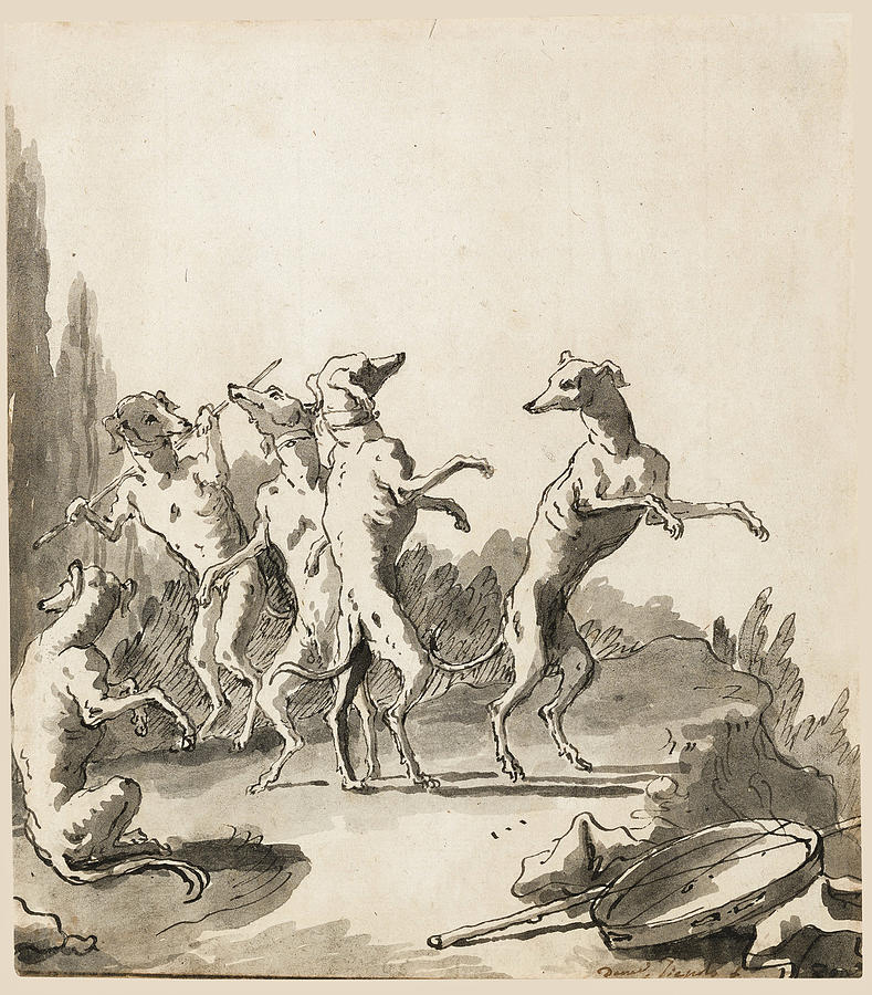 Four Dogs dancing and One seateed looking to the Left Drawing by Giovanni Domenico Tiepolo