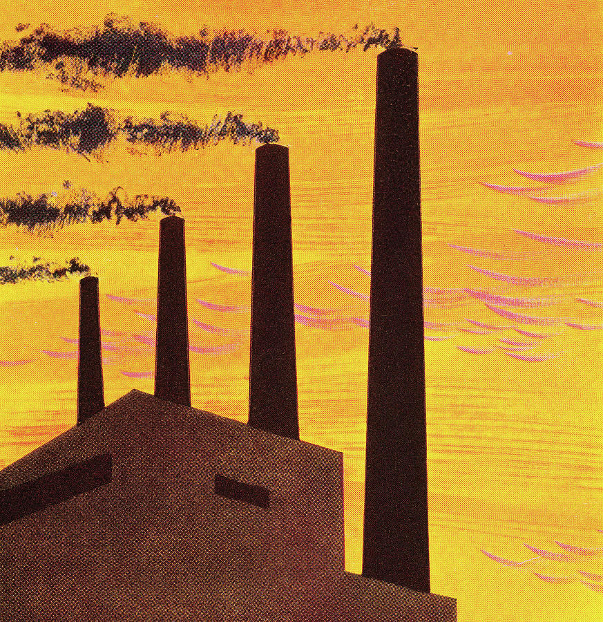Vintage Drawing - Four Factory Smokestacks by CSA Images