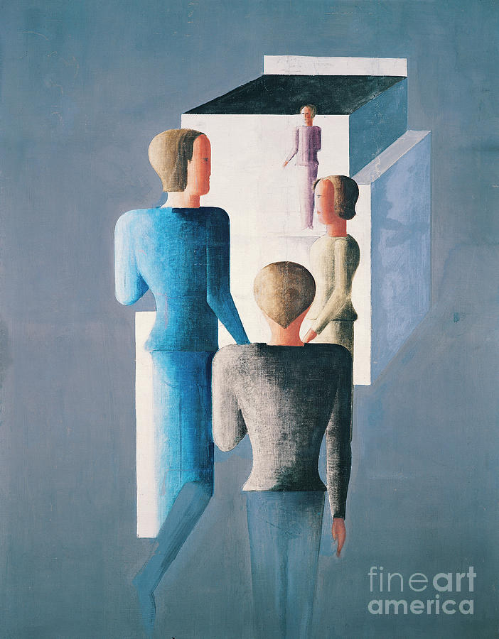 Four Figures And A Cube, 1928 Painting by Oskar Schlemmer