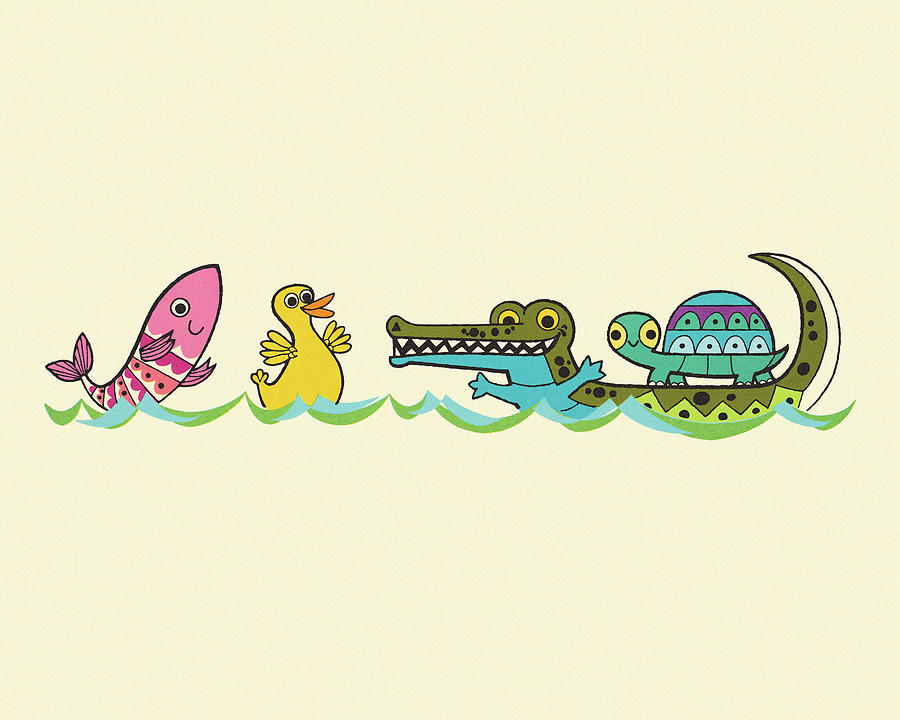 Alligator Drawing - Four Floating Animals by CSA Images